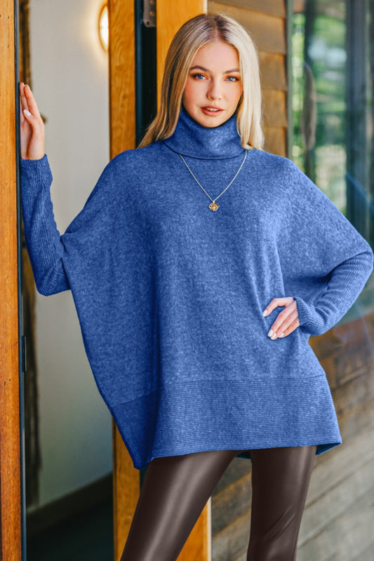 Zenana Oversized Brushed Melange Dolman Sleeve Tunic Turtleneck Sweater in Light Navy Blue NWT