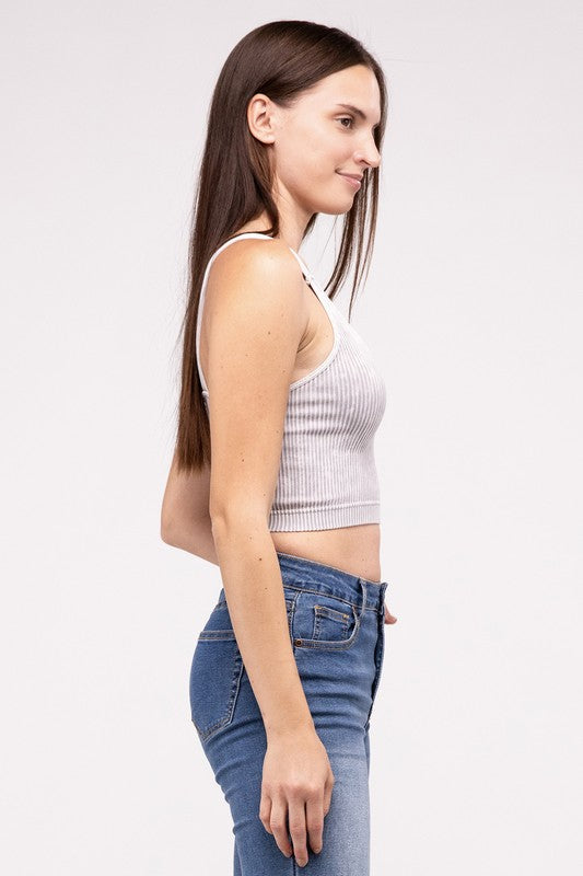 Zenana Washed Ribbed-Knit Cropped V-Neck Cami Tank Top in 4 Colors