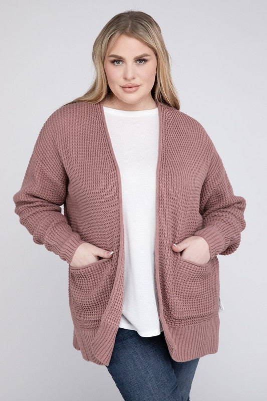 Zenana Plus Waffle-Knit Open Front Tunic Cardigan Sweater with Pockets in 4 Colors