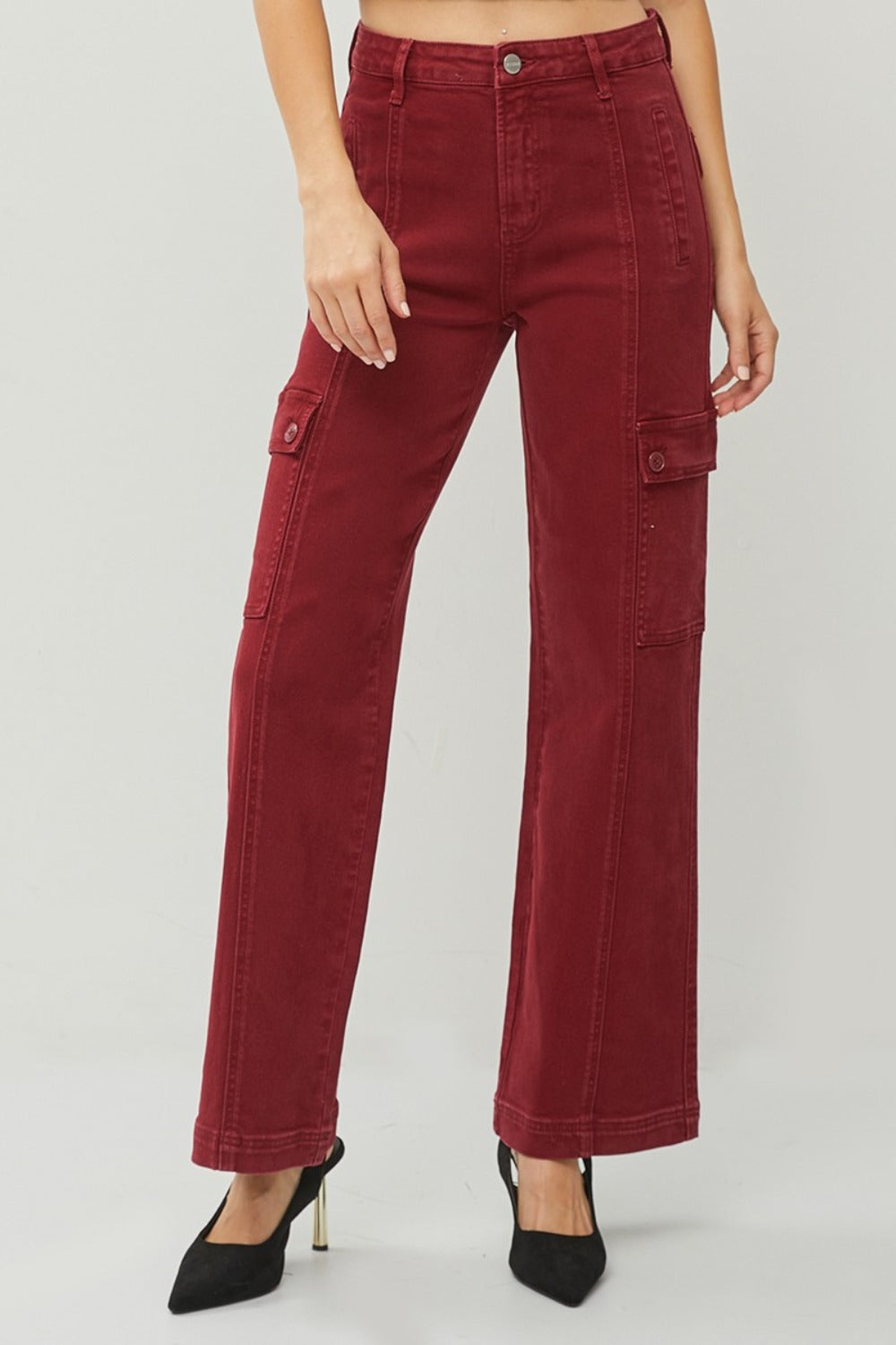 RISEN Full Size High Rise Wide Leg Cargo Jeans in Wine Red