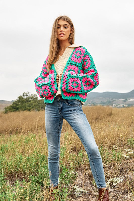 Davi & Dani Two-Tone Floral Square Crochet Open Knit Cropped Cardigan