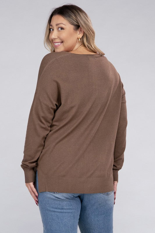 Zenana Plus Size Front Seam V-Neck Tunic Sweater