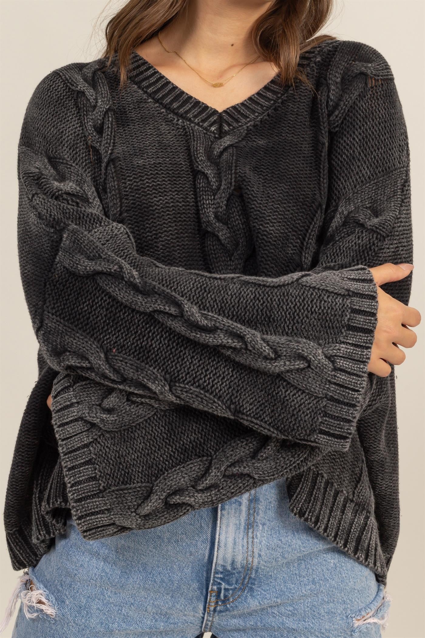 HYFVE Color Washed Cable Knit Bell Sleeve Oversized V-Neck Sweater in Charcoal