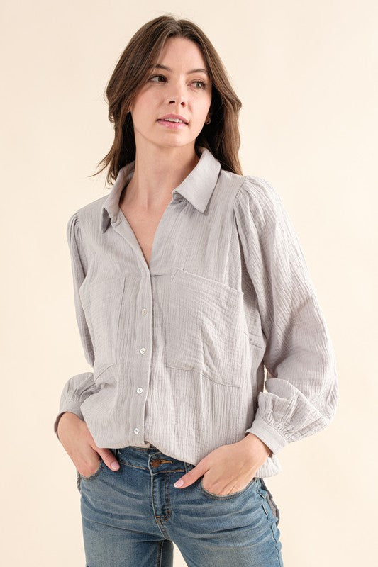 Sweet Generis Cotton Gauze Puff Sleeve Button-Down Shirt in 15 Colors