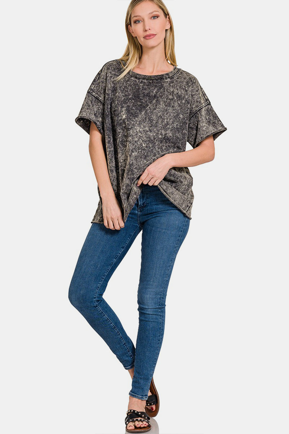 Zenana Oversized Raw Hem Tunic Tee in Washed Black