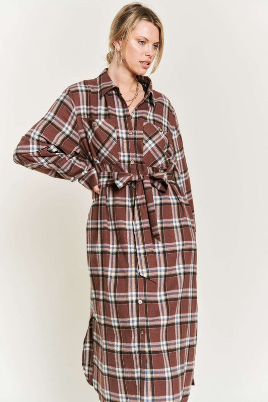 JADE BY JANE PLUS SIZE PLAID LONG SLEEVE BUTTON FRONT MIDI DRESS IN 3 COLORS