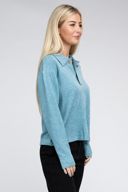 Zenana Brushed Melange Button Front Collared V-Neck Sweater in 5 Colors