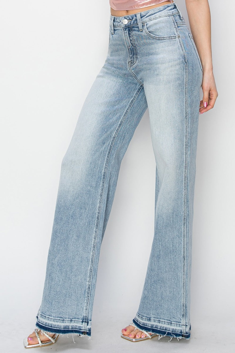 RISEN Full Size High Rise Raw Hem Wide Leg Jeans in Light Wash Blue