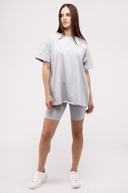 Zenana Cotton Short Sleeve Tee & Biker Shorts Set