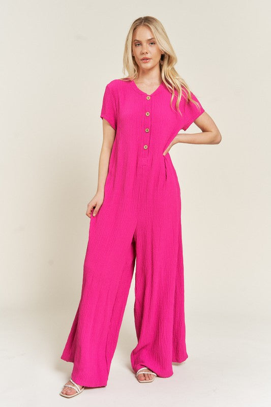 Jade by Jane Plus Wrinkle Cotton Gauze Wide Leg Jumpsuit in Black or Fuchsia