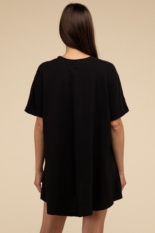 Zenana Oversized Cotton Raw Hem Tunic T-Shirt in Black or White