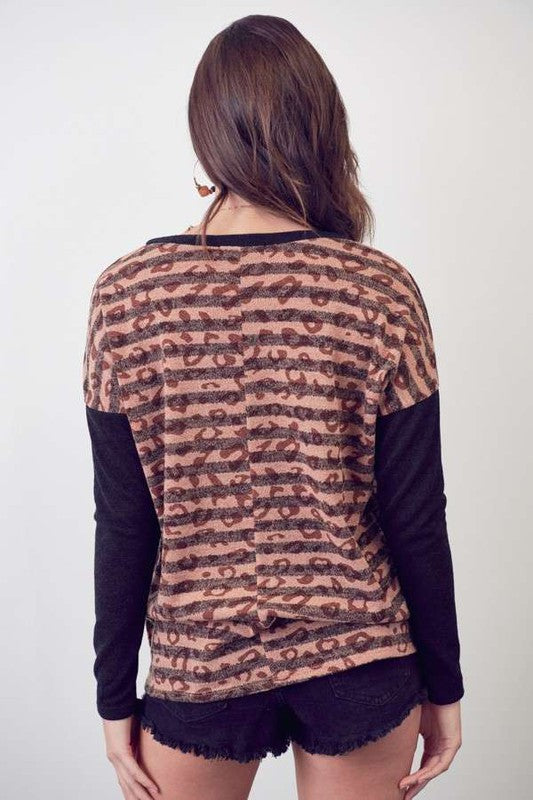 JADE BY JANE STRIPED ANIMAL PRINT LONG SLEEVE TUNIC TEE IN 2 COLORS