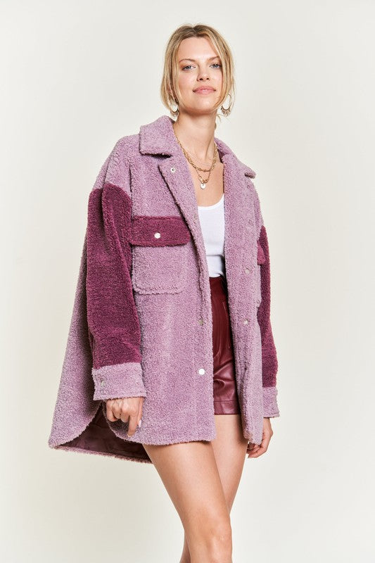 Jade By Jane Plus Colorblock Sherpa Shirt Jacket in Berry or Taupe