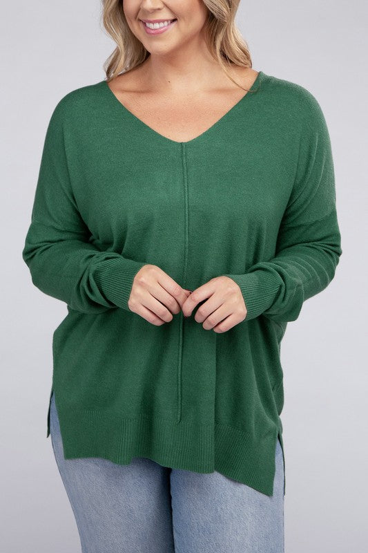 Zenana Plus Size Front Seam V-Neck Tunic Sweater