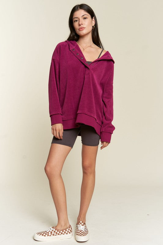 Jade By Jane Chenille Snap Henley Hooded Sweatshirt in 2 Colors