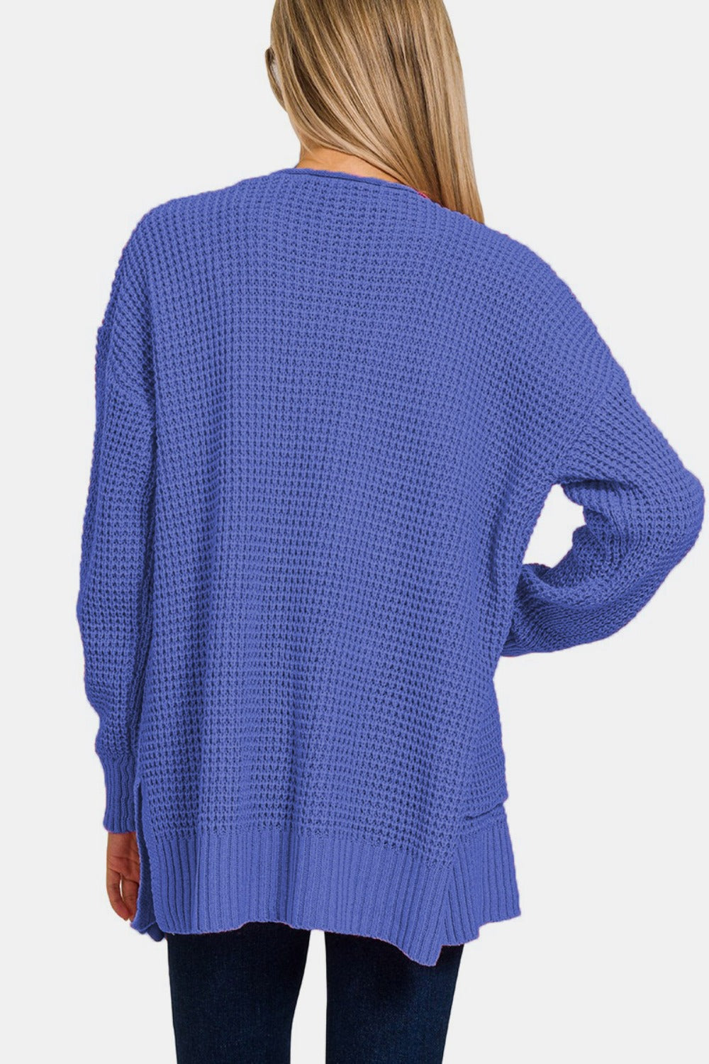 Zenana Waffle Knit Open Front Tunic Cardigan Sweater in Marlin Blue