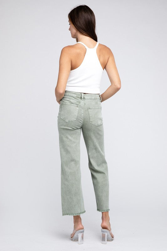 Zenana Acid Wash Cotton Cropped Raw Hem Jeans in 5 Colors