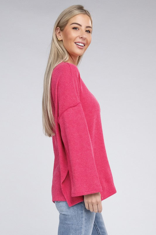 Zenana Slit Hem Bell Sleeve Ribbed Henley Sweater in 5 Colors