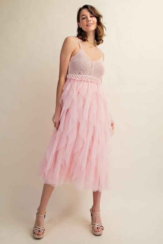 Sweet Generis Crocheted Tulle Cami Midi Dress in Pink or Black