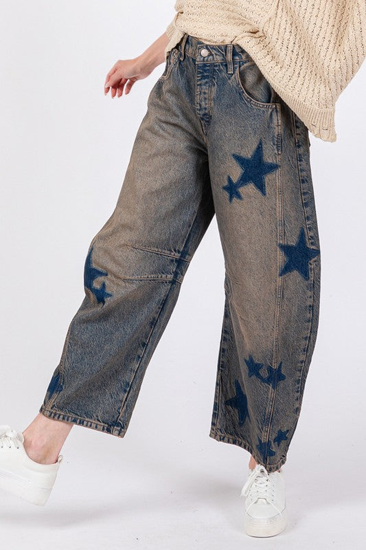 SAGE + FIG  Color Wash Star Print Wide Barrel Leg Jeans with Pockets Dark Wash Blue NWT