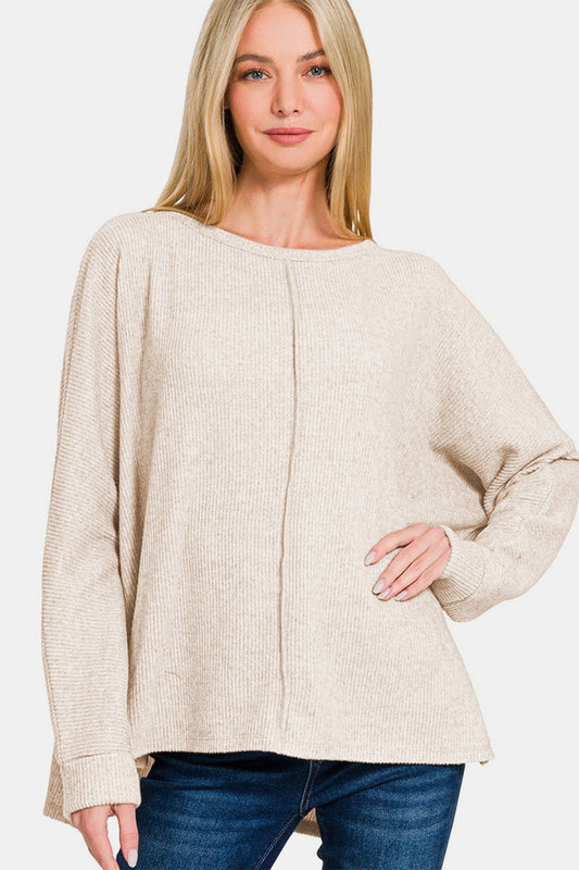 Zenana High-Low Side Slit Long Sleeve Round Neck T-Shirt Top in Sand Beige