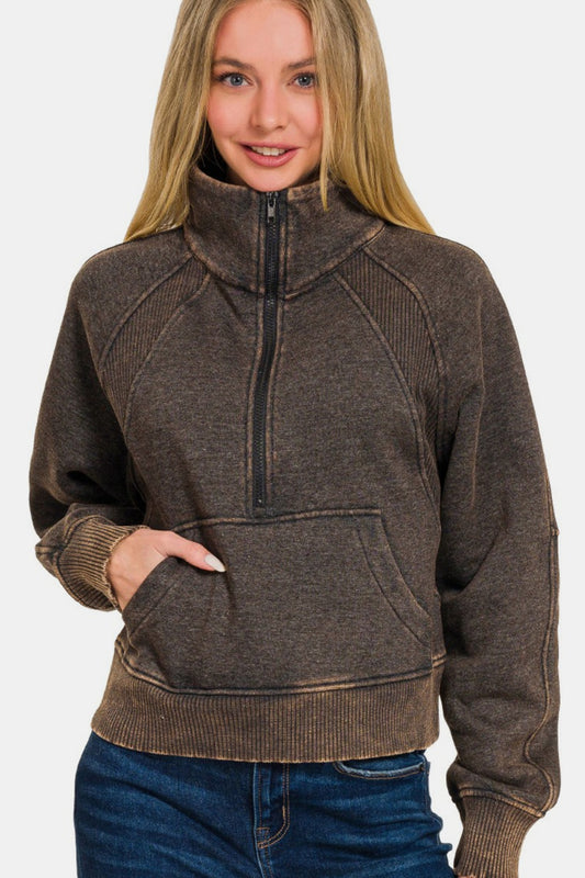 Zenana Acid Washed Half Zip Fleece Sweatshirt in Ash Black