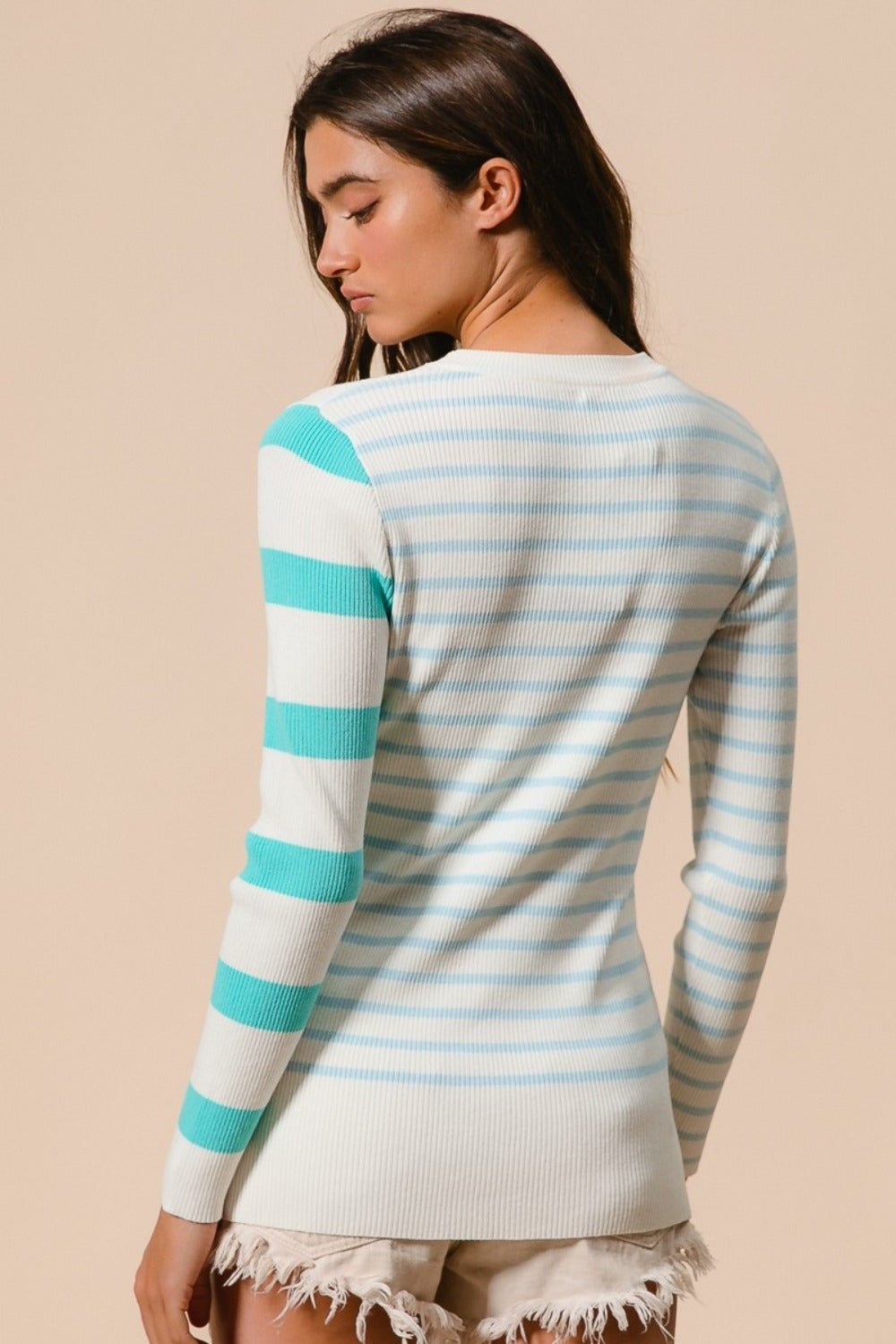 BiBi Contrast Striped Asymmetrical Hem Fitted Long Sleeve Knit Top in Mint/Ivory NWT