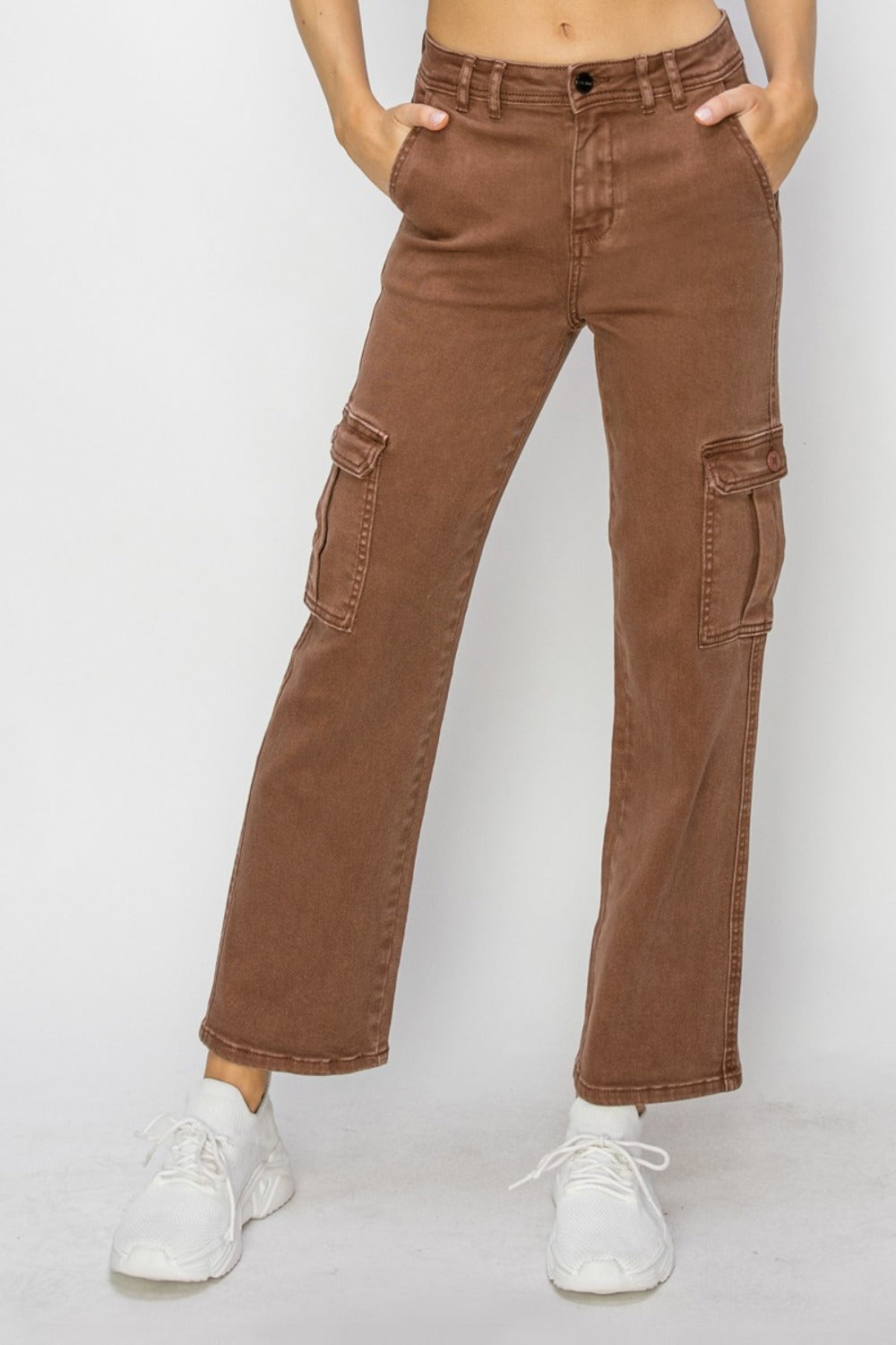 RISEN Full Size High Rise Cargo Jeans in Espresso Brown NWT