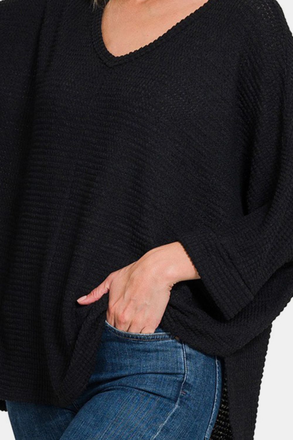 Zenana Oversized Waffle-Knit 3/4 Sleeve V-Neck Top in Black NWT