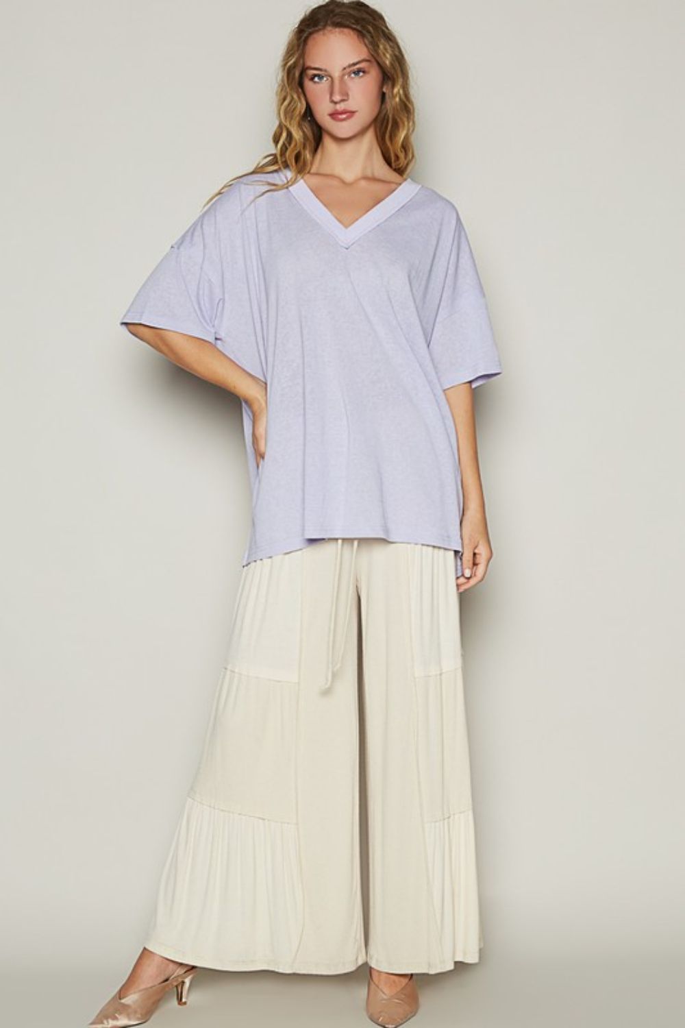 POL Half Sleeve V-Neck Tunic T-Shirt in Lilac Purple