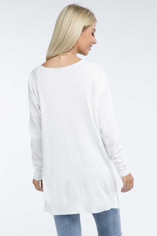 Zenana Front Seam Side Slit V-Neck Tunic Sweater in 5 Colors