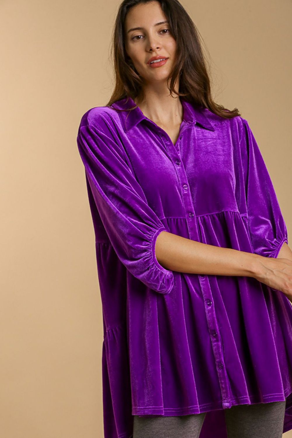 Umgee Full Size Tiered Velvet High Low Hem Tunic Button-Down Shirt in Violet Purple NWT