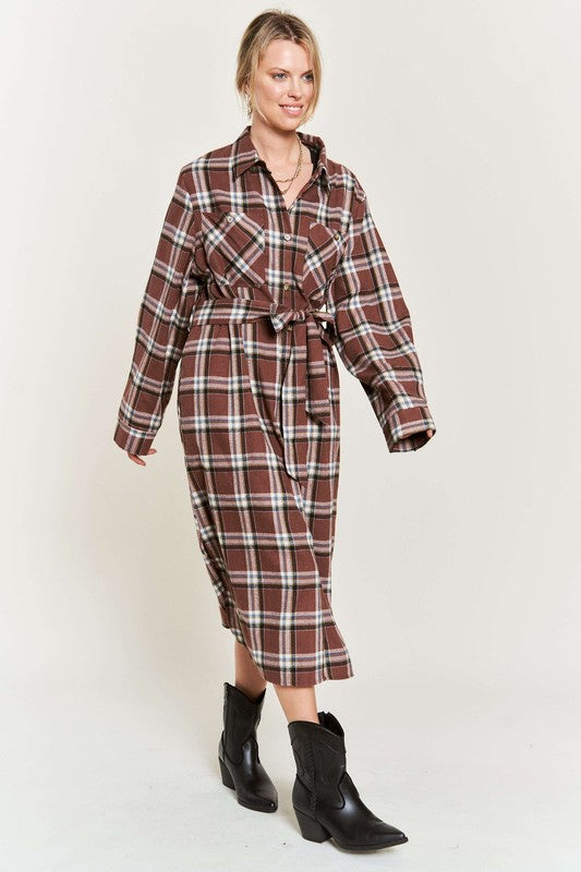 JADE BY JANE PLUS SIZE PLAID LONG SLEEVE BUTTON FRONT MIDI DRESS IN 3 COLORS