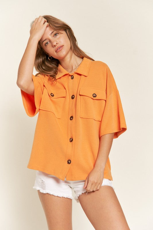 Jade By Jane Smiley Face on Back Button-Down Short Sleeve Shirt in 3 Colors