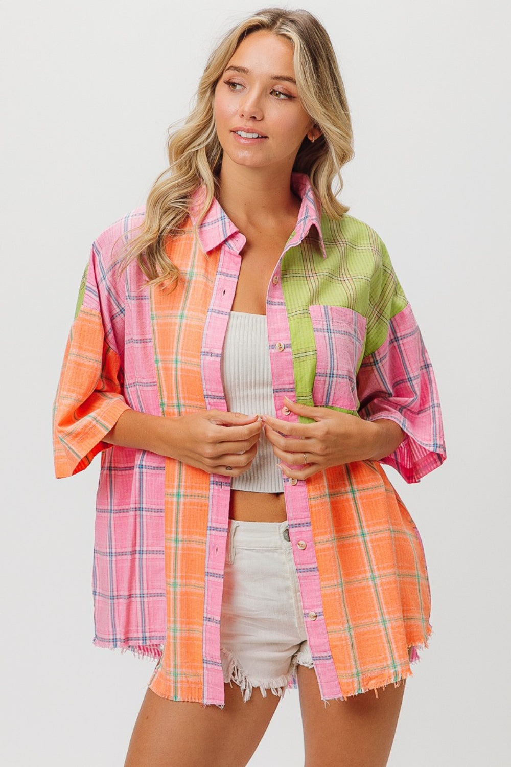 BiBi Plaid Color Block Half Sleeve Button Down Shirt