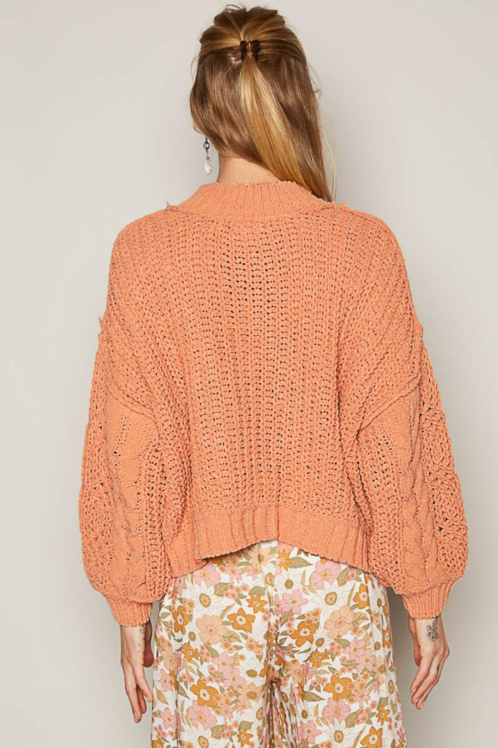 POL Mock Neck Cable Knit Long Sleeve Chenille Sweater in Coral Tangerine NWT