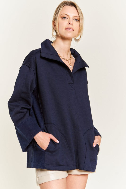 Jade By Jane High Collar Oversized Knit Top in Navy