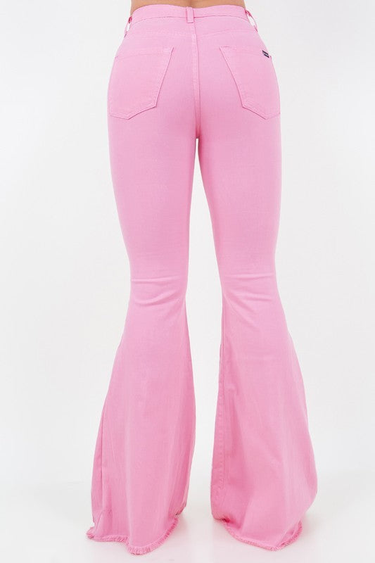 GJG Denim Rodeo Raw Hem Bell Bottom Jeans in Bubblegum Pink