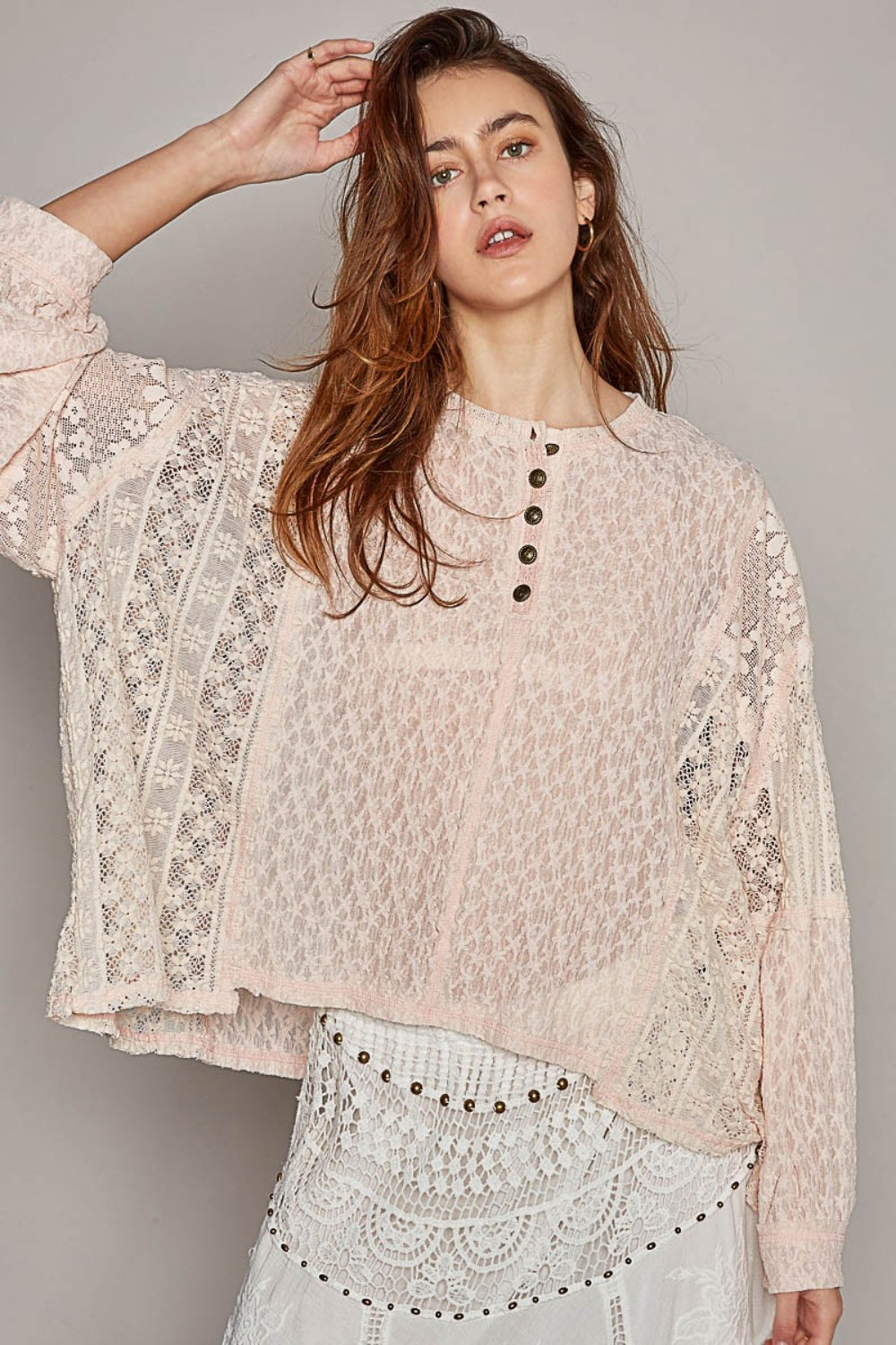 POL Lace Raw Edge Long Sleeve Henley Top