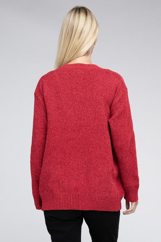 Zenana Melange Open Front Cardigan Sweater with Pockets in 4 Colors