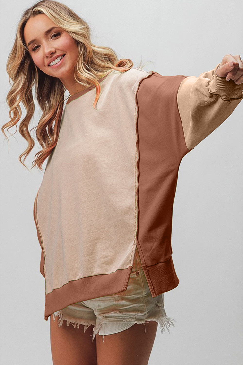 BiBi Washed Color Block Sweatshirt in Taupe