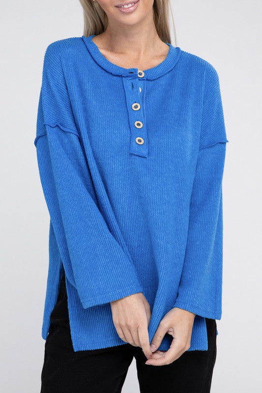 Zenana Slit Hem Bell Sleeve Ribbed Henley Sweater in 5 Colors