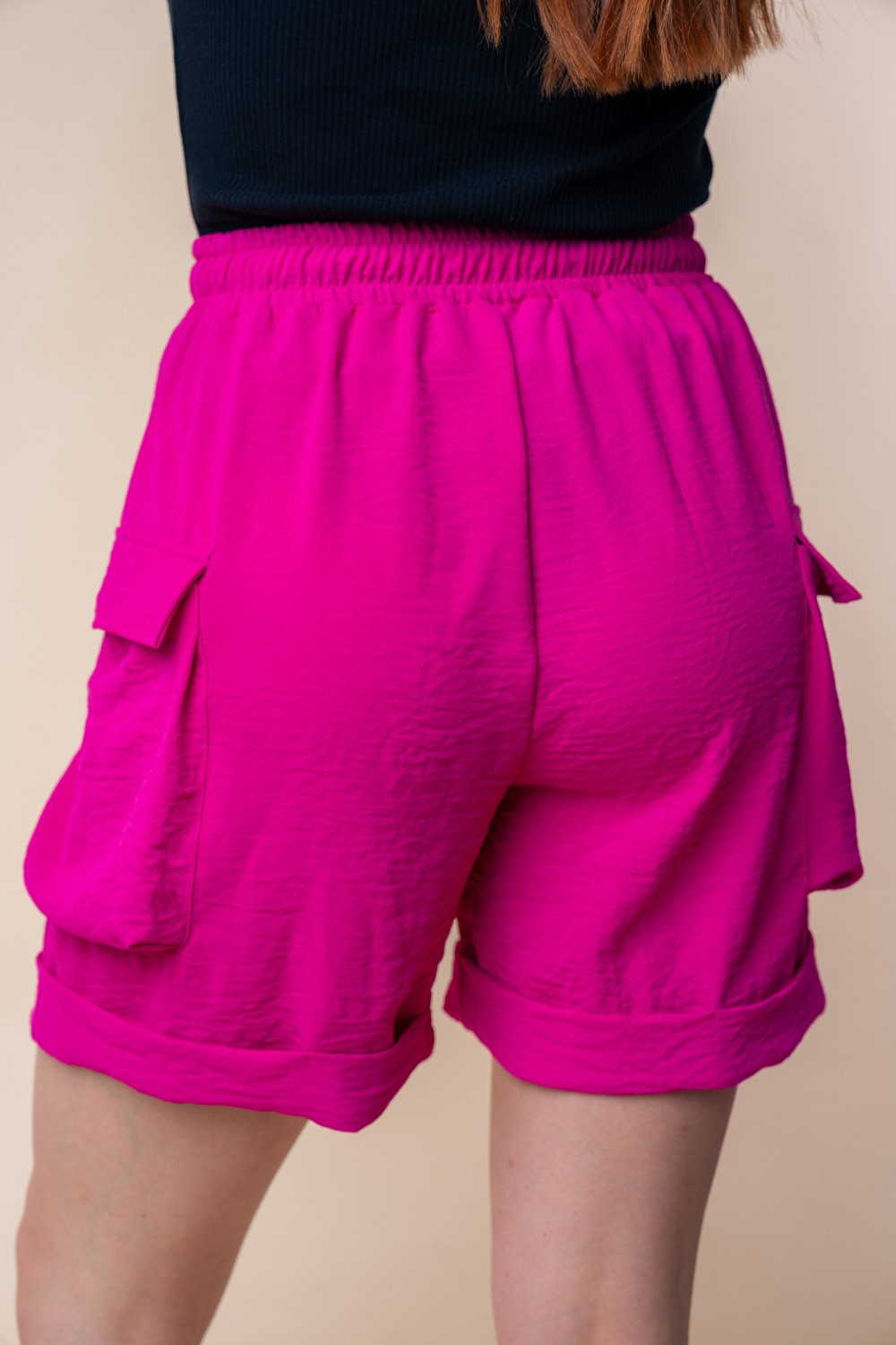 White Birch High Wait Drawstring Knit Cargo Shorts in Fuscia