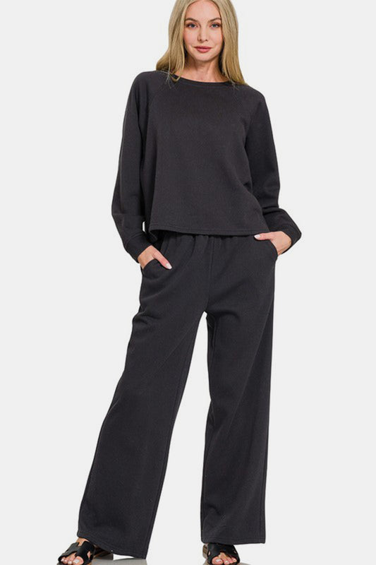 Zenana 2-Piece Lounge Set Raglan Sleeve Top and Pull-On Wide Leg Pants in Black