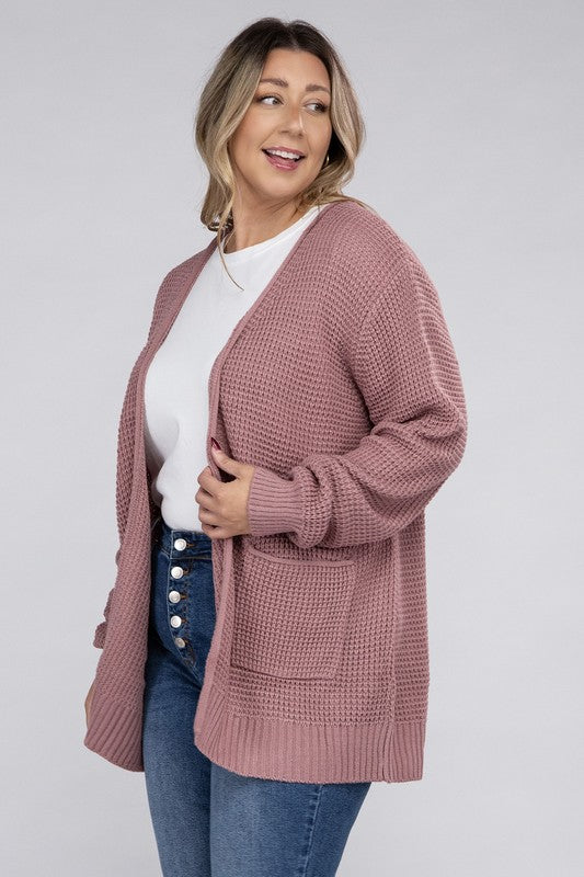 Zenana Plus Waffle-Knit Open Front Tunic Cardigan Sweater with Pockets in 5 Colors