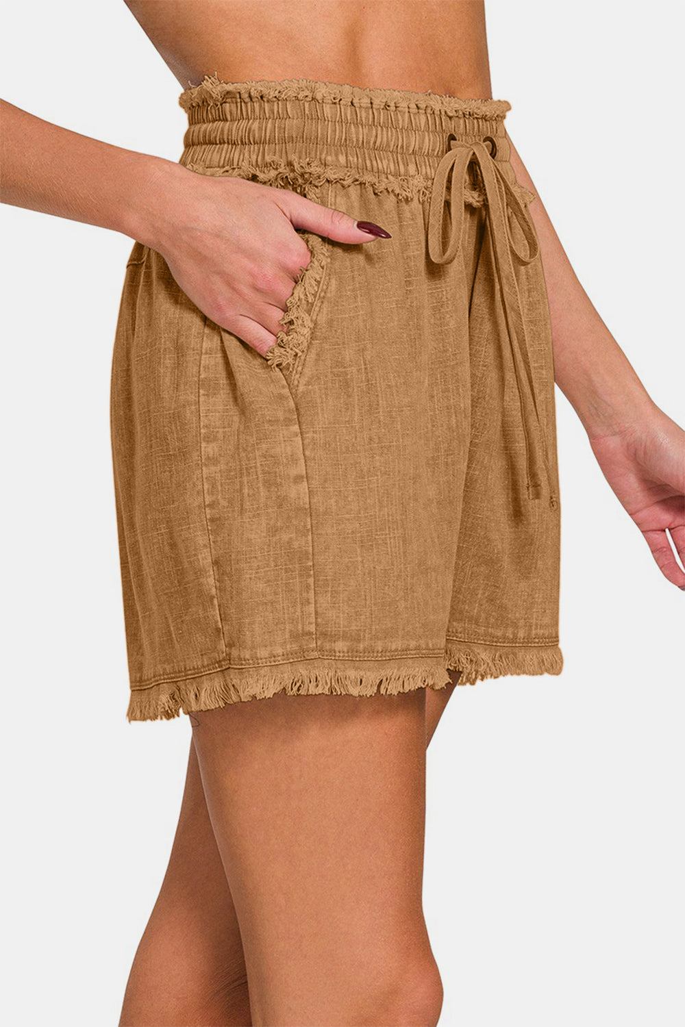 Zenana Washed Linen Blend Raw Hem Shorts in Deep Camel