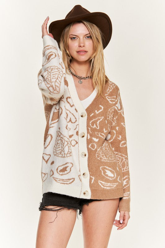 Jade By Jane Plus Size Heart Paisley Color Block V-Neck Cardigan in 2 Colors