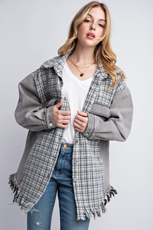 Sweet Generis Oversized Tweed and Denim Shirt Jacket with Fringed Hem