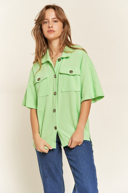 Jade By Jane Plus Size Smiley Face Button-Down Short Sleeve Shirt in 3 Colors