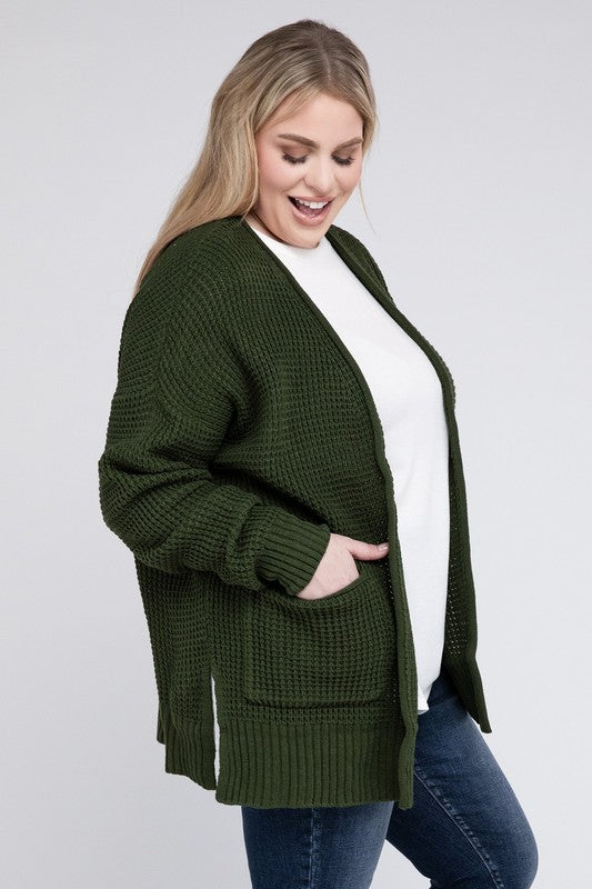 Zenana Plus Waffle-Knit Open Front Tunic Cardigan Sweater with Pockets in 4 Colors